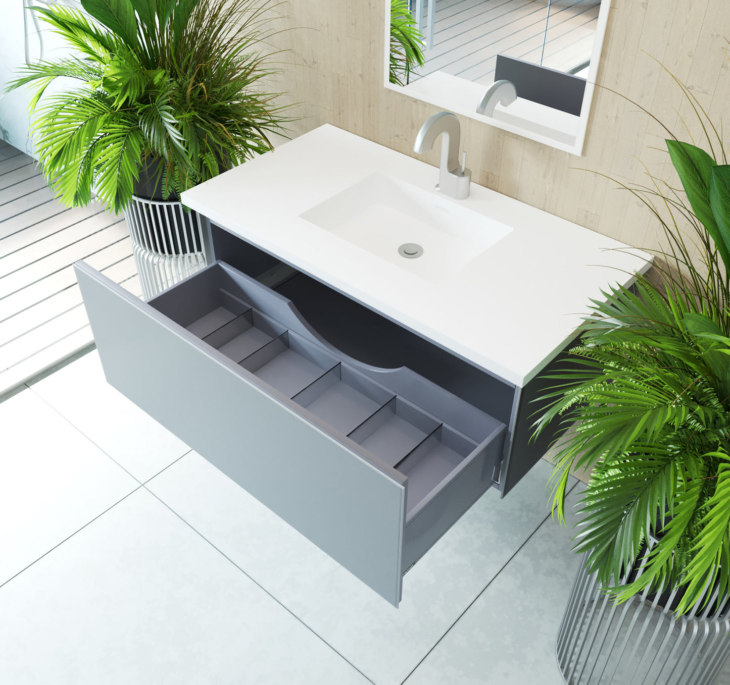 Vitri 42" Fossil Grey Bathroom Vanity with VIVA Stone Matte White Solid Surface Countertop