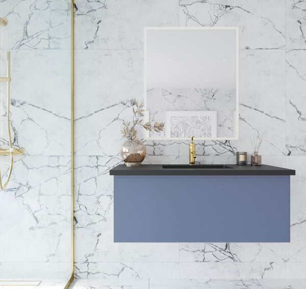 Vitri 42 Nautical Blue Bathroom Vanity with VIVA Stone Matte Black Solid Surface Countertop