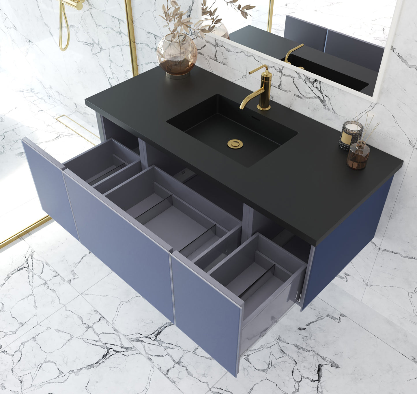 Vitri 48" Nautical Blue Bathroom Vanity with VIVA Stone Matte Black Solid Surface Countertop