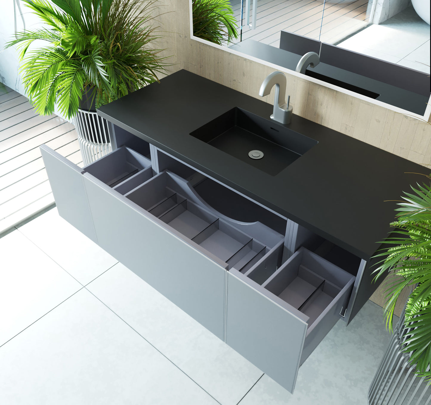 Vitri 54" Fossil Grey Bathroom Vanity with VIVA Stone Matte Black Solid Surface Countertop