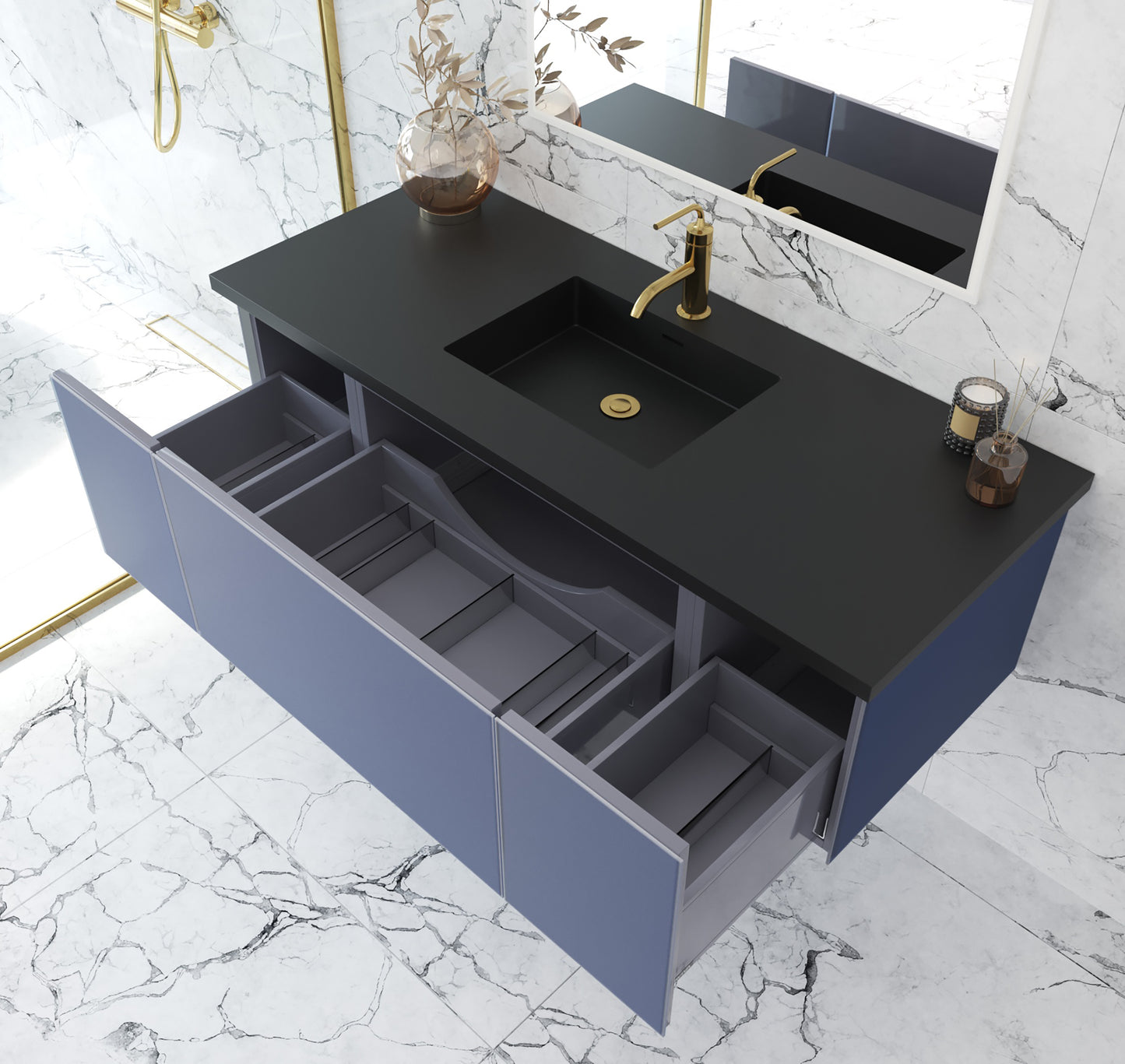 Vitri 54" Nautical Blue Bathroom Vanity with VIVA Stone Matte Black Solid Surface Countertop