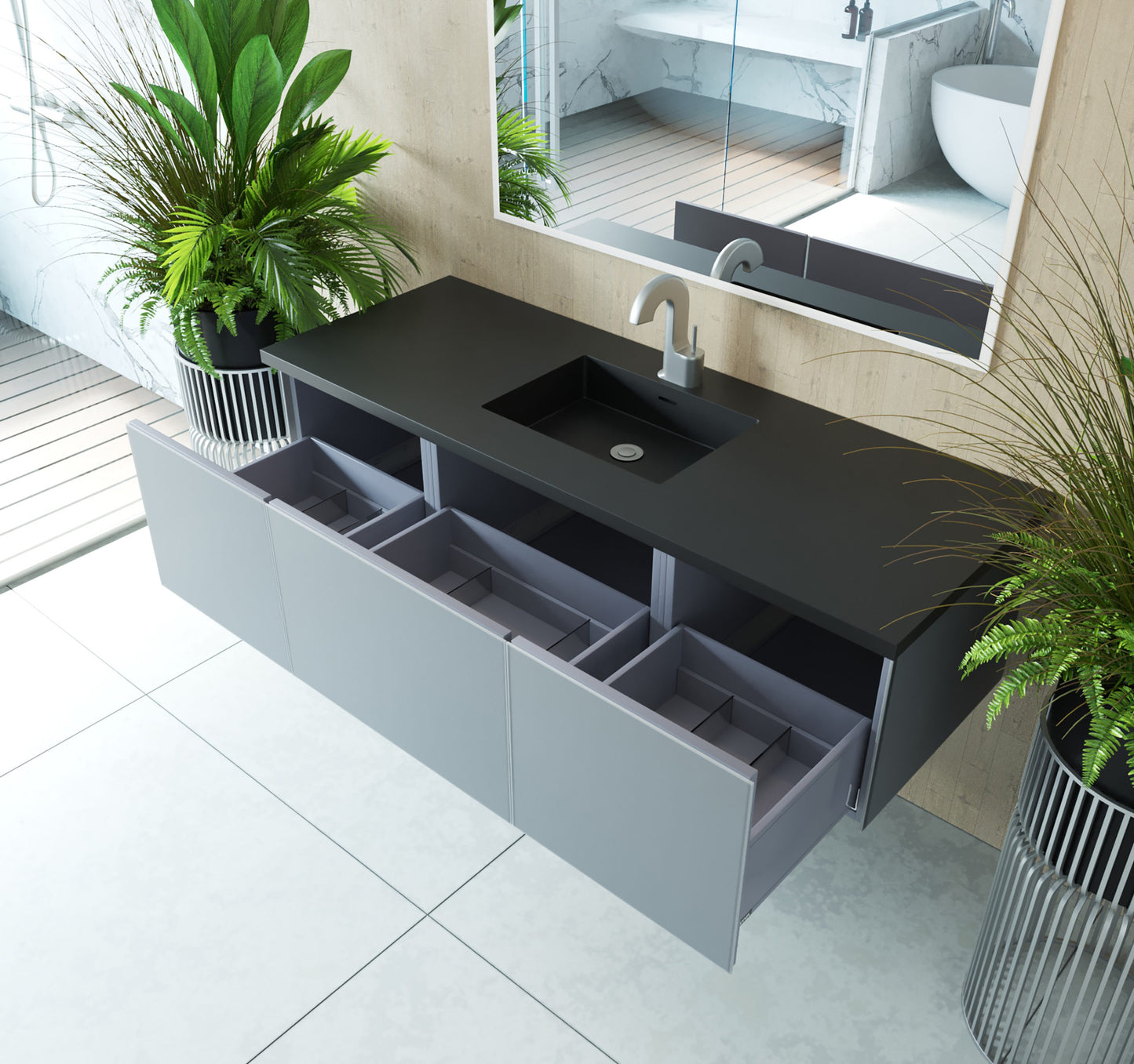 Vitri 60" Fossil Grey Single Sink Bathroom Vanity with VIVA Stone Matte Black Solid Surface Countertop