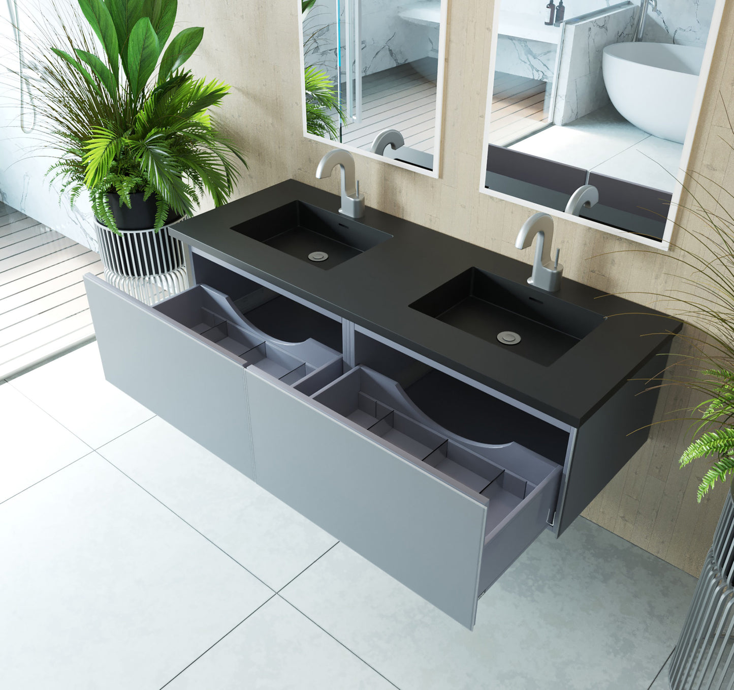 Vitri 60" Fossil Grey Double Sink Bathroom Vanity with VIVA Stone Matte Black Solid Surface Countertop