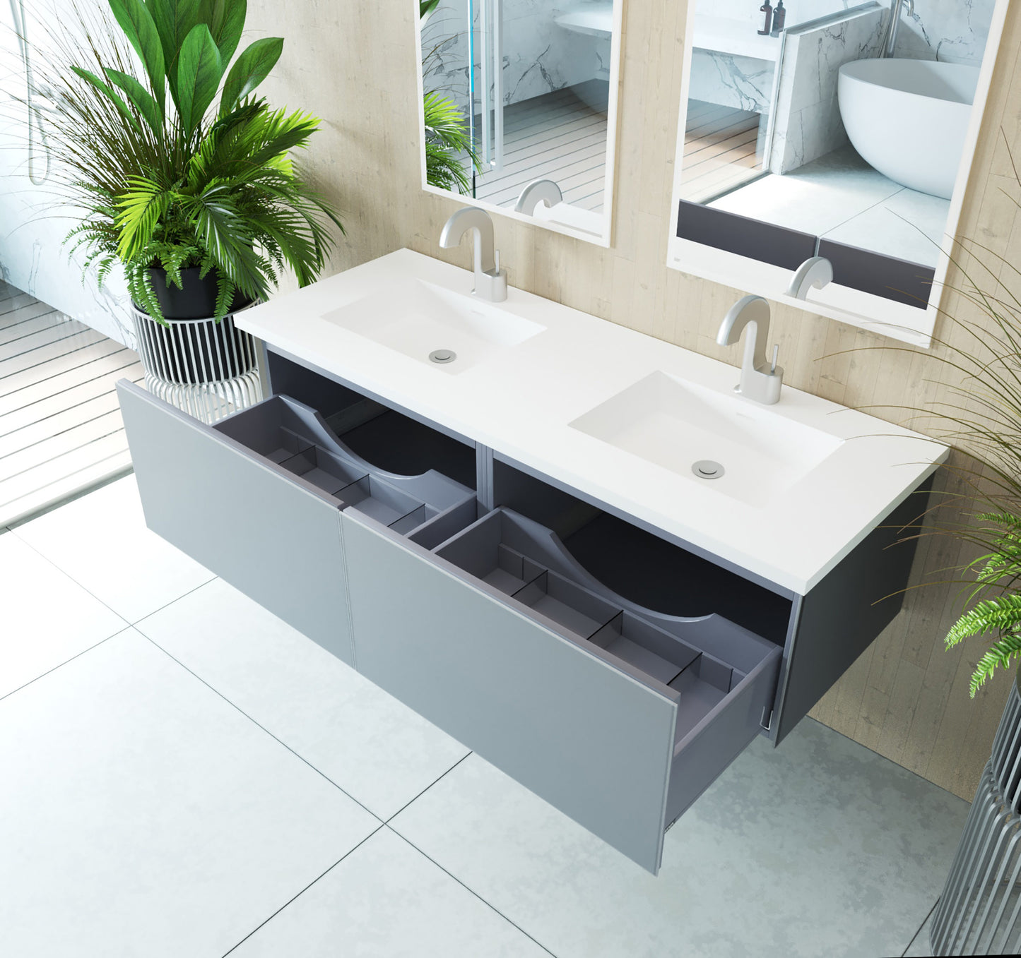 Vitri 60" Fossil Grey Double Sink Bathroom Vanity with VIVA Stone Matte White Solid Surface Countertop