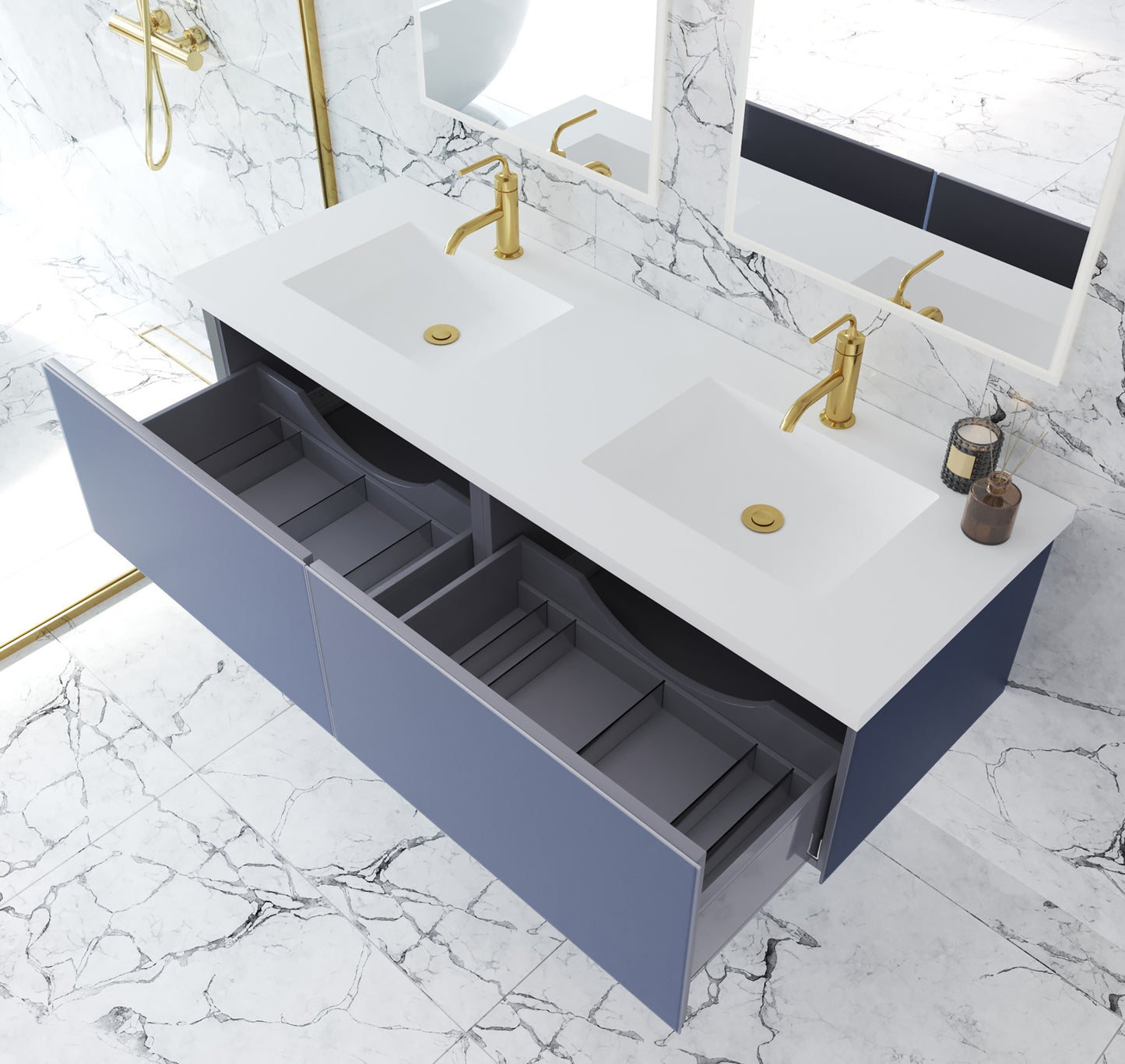 Vitri 60" Nautical Blue Double Sink Bathroom Vanity with VIVA Stone Matte White Solid Surface Countertop