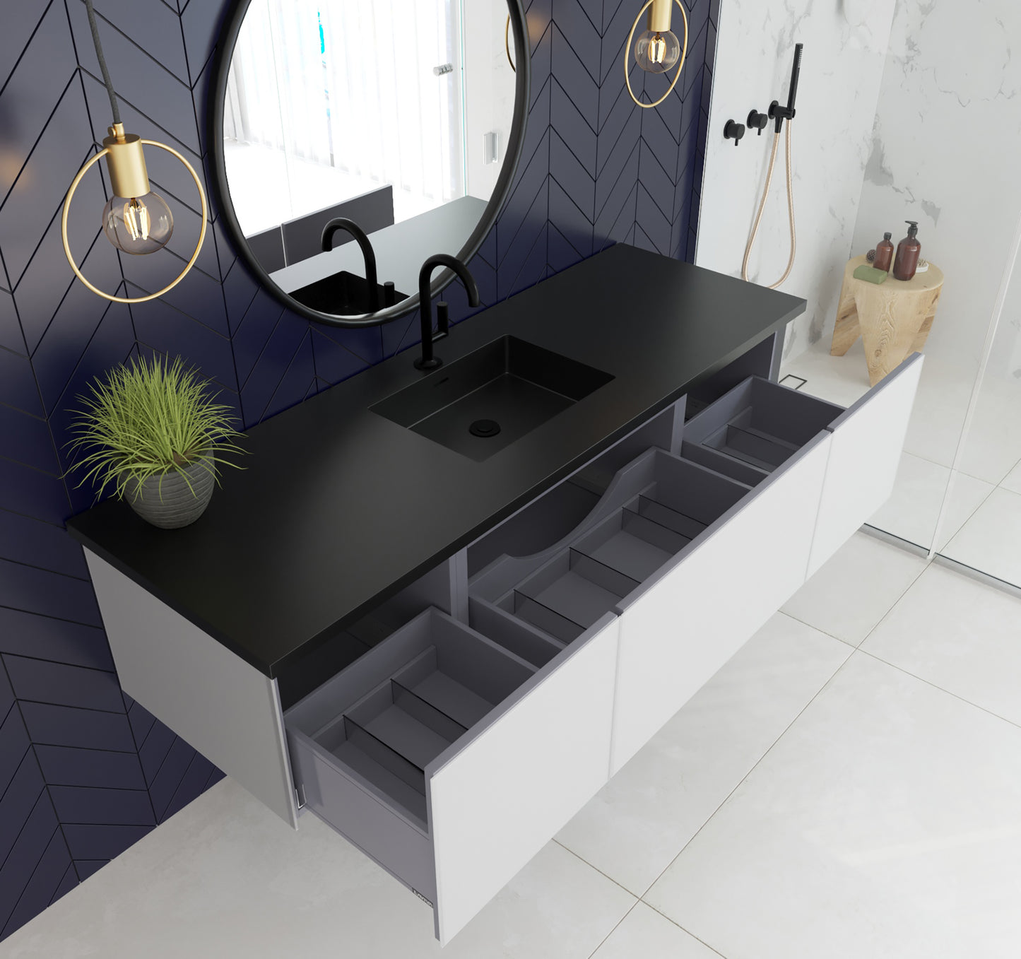 Vitri 66" Cloud White Single Sink Bathroom Vanity with VIVA Stone Matte Black Solid Surface Countertop
