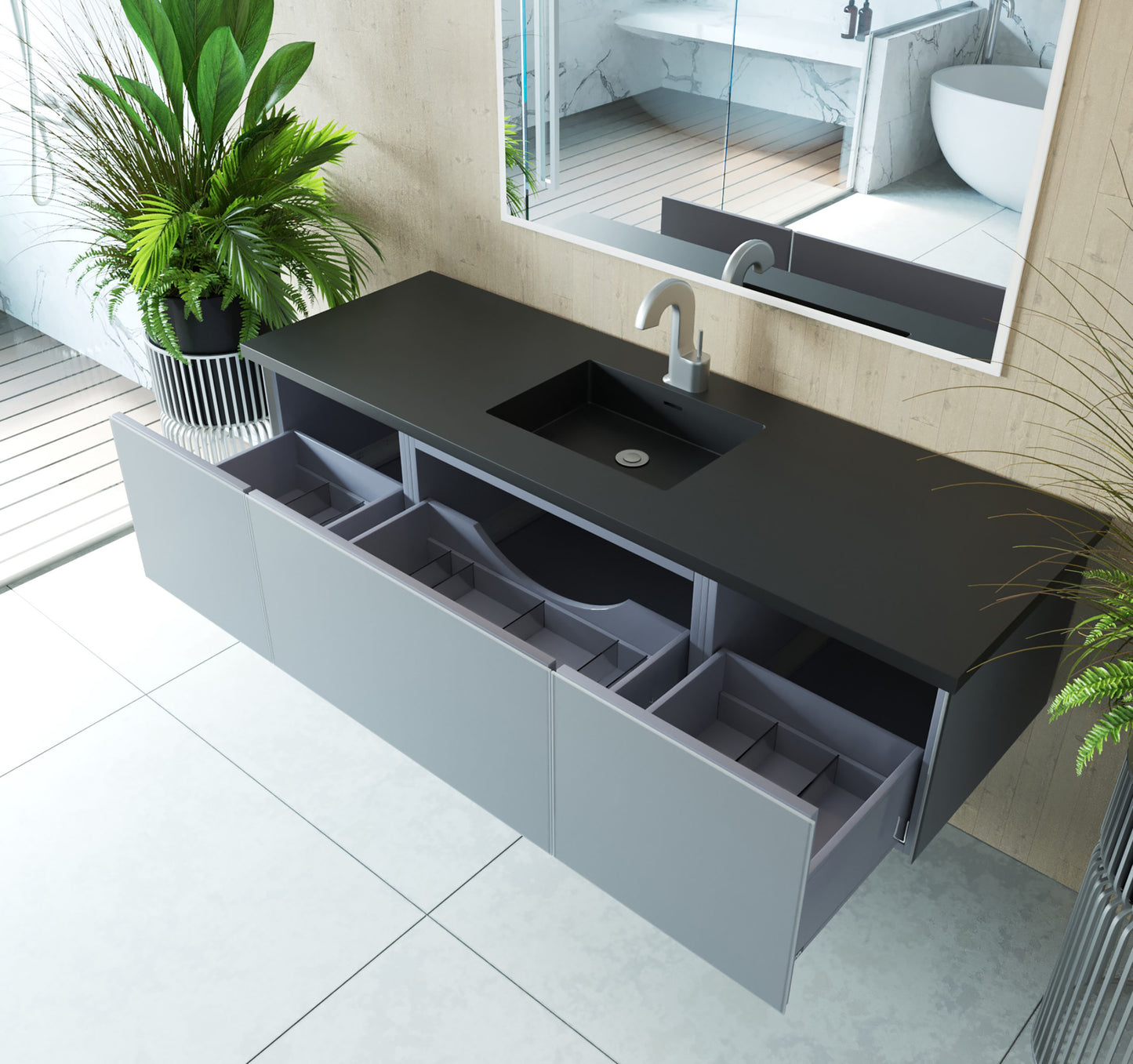 Vitri 66" Fossil Grey Single Sink Bathroom Vanity with VIVA Stone Matte Black Solid Surface Countertop
