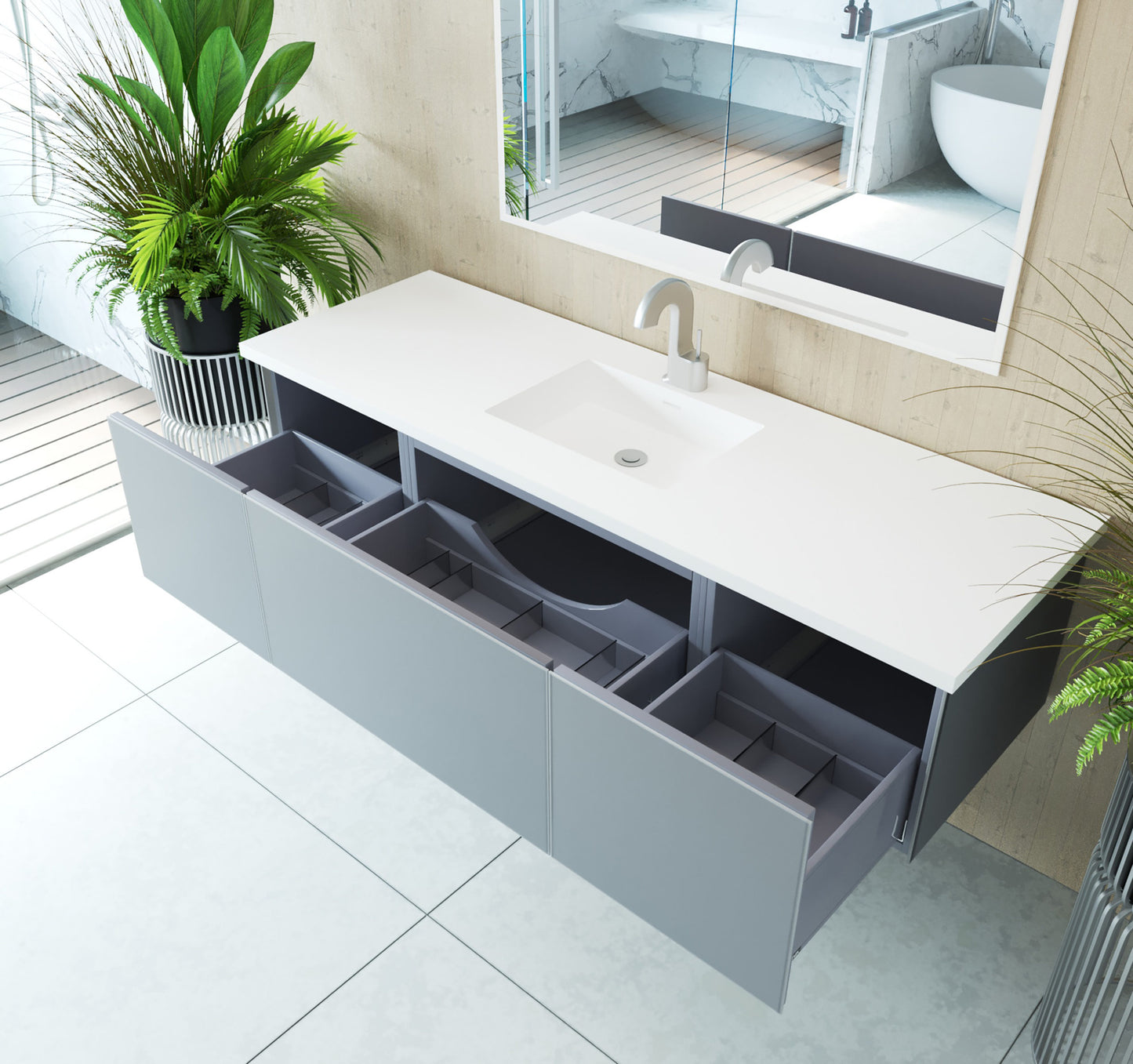 Vitri 66" Fossil Grey Single Sink Bathroom Vanity with VIVA Stone Matte White Solid Surface Countertop