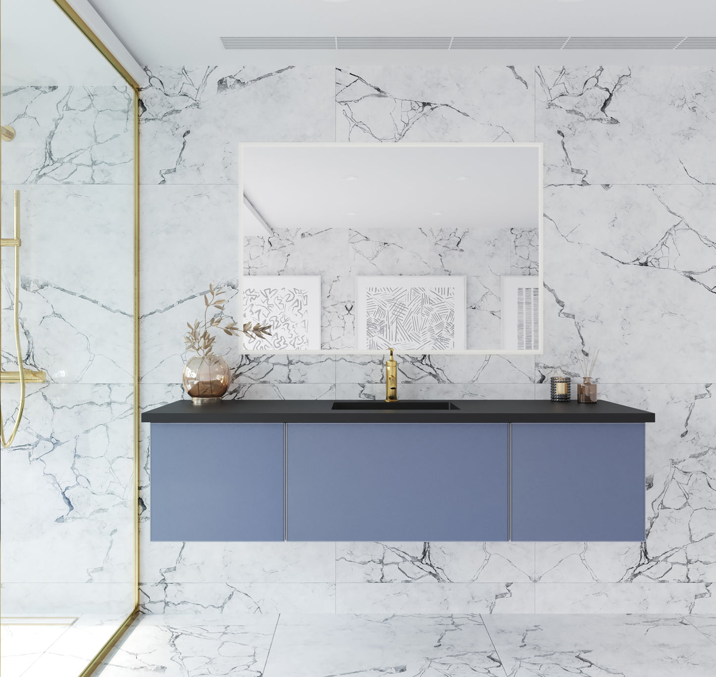 Vitri 66" Nautical Blue, Single Sink Bathroom Vanity, with VIVA Stone Matte Black, Solid Surface Countertop by Laviva