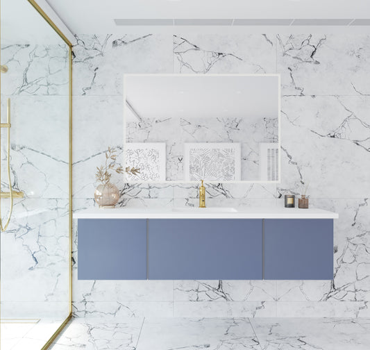 Vitri 66" Nautical Blue Single Sink Bathroom Vanity with VIVA Stone Matte White Solid Surface Countertop