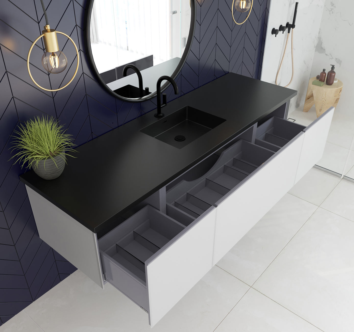 Vitri 72" Cloud White Single Sink Bathroom Vanity with VIVA Stone Matte Black Solid Surface Countertop