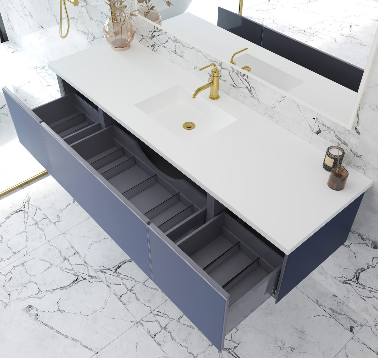 Vitri 72" Nautical Blue Single Sink Bathroom Vanity with VIVA Stone Matte White Solid Surface Countertop