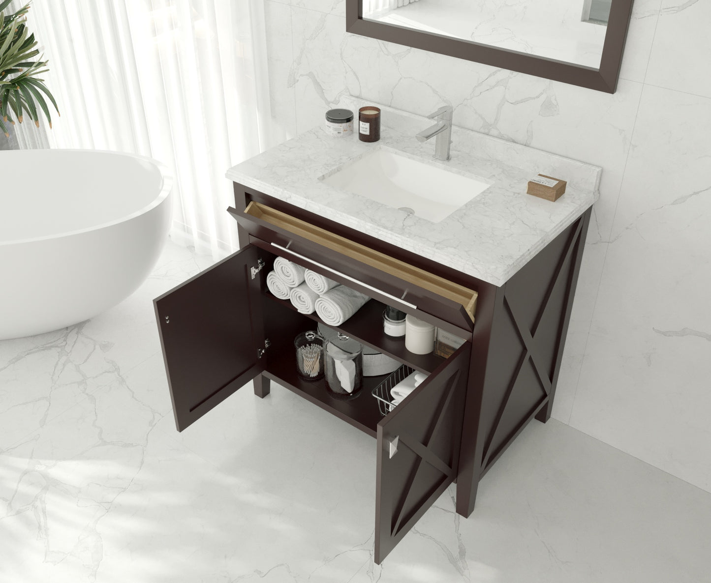 Wimbledon 36" Brown Bathroom Vanity with White Carrara Marble Countertop