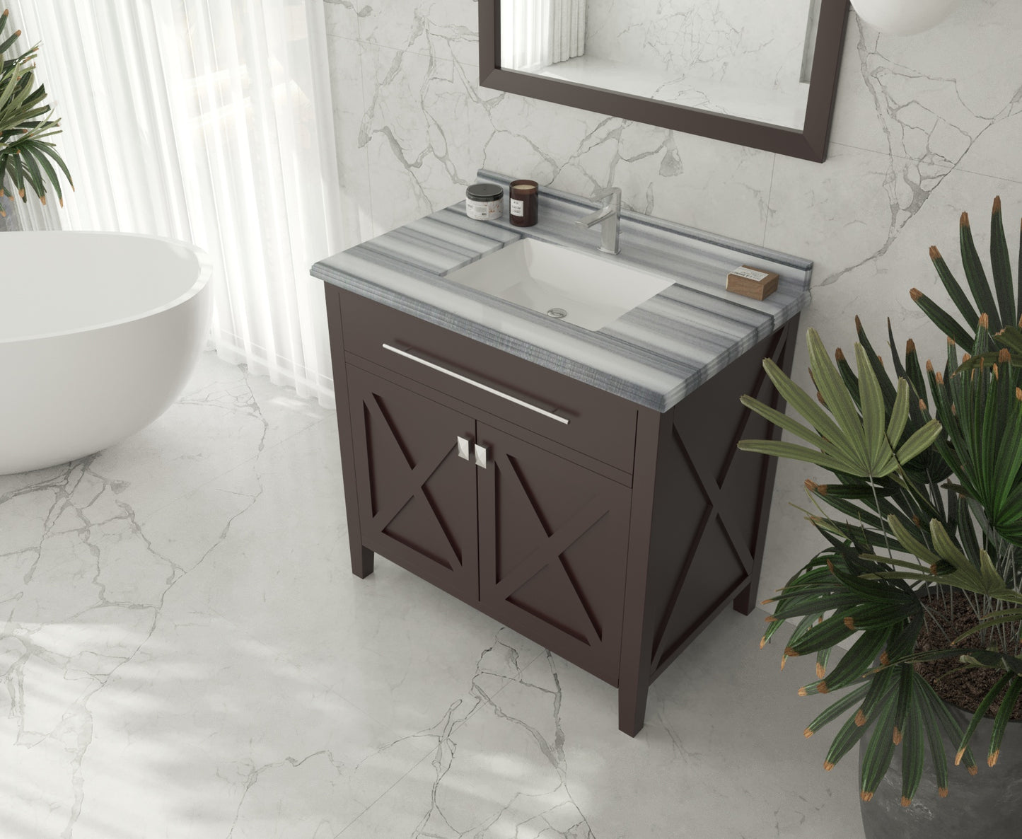 Wimbledon 36" Brown Bathroom Vanity with White Stripes Marble Countertop