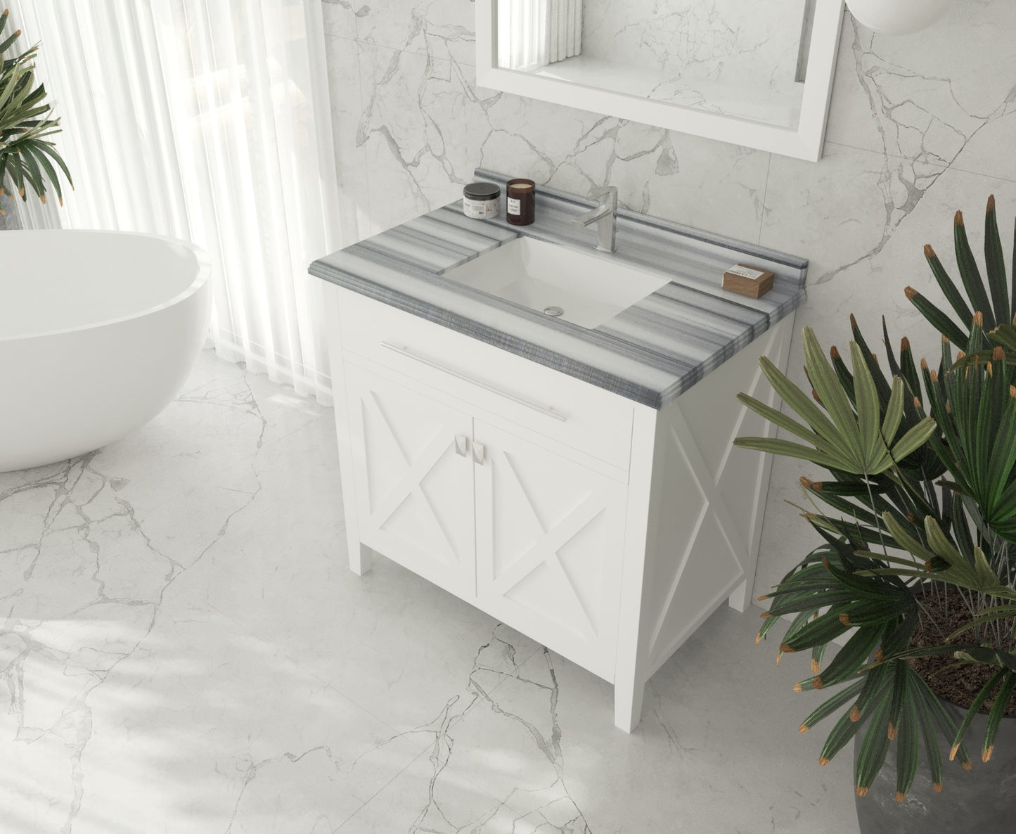 Wimbledon 36" White Bathroom Vanity with White Stripes Marble Countertop