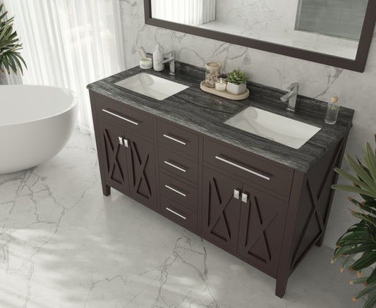 Wimbledon 60" Brown Double Sink Bathroom Vanity with Black Wood Marble Countertop