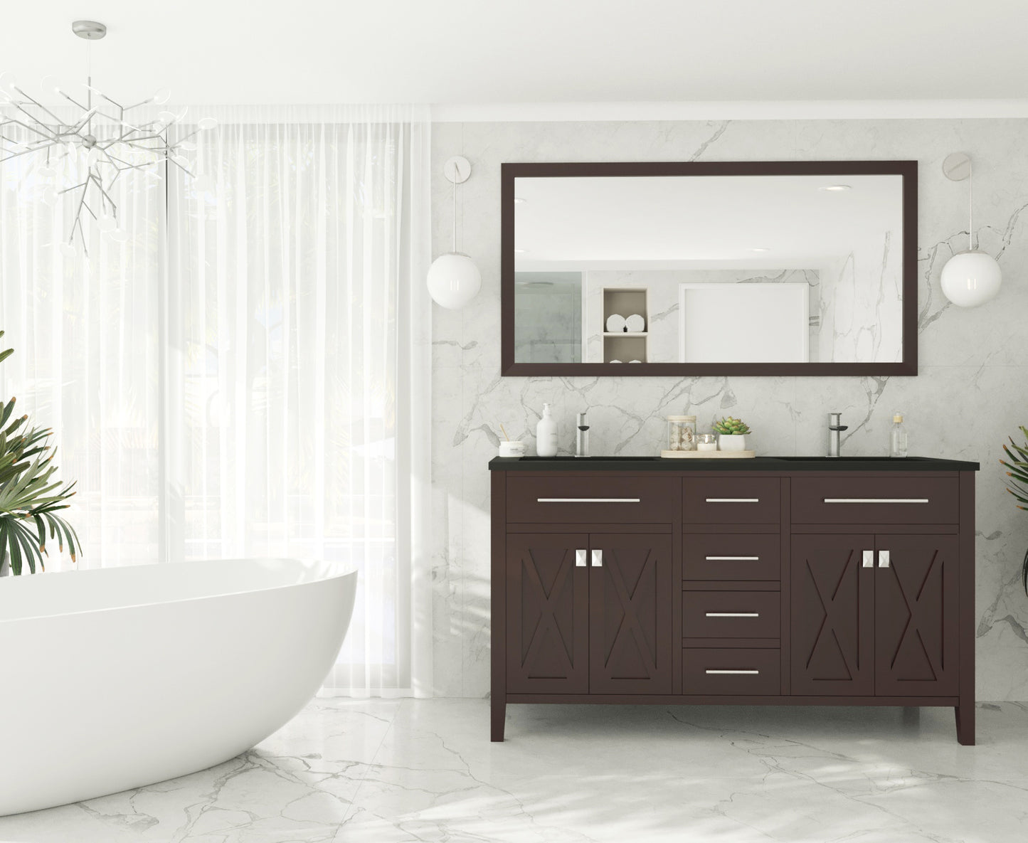 Wimbledon 60" Brown Double Sink Bathroom Vanity with Matte Black VIVA Stone Solid Surface Countertop