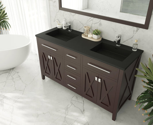 Wimbledon 60" Brown Double Sink Bathroom Vanity with Matte Black VIVA Stone Solid Surface Countertop
