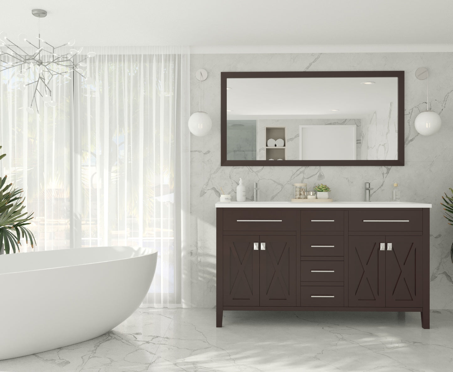 Wimbledon 60" Brown Double Sink Bathroom Vanity with Matte White VIVA Stone Solid Surface Countertop