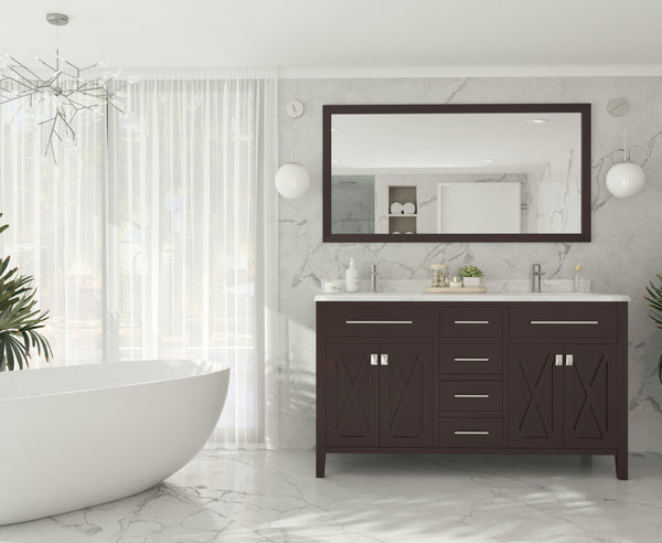 Wimbledon 60 Brown Double Sink Bathroom Vanity with White Carrara Marble Countertop