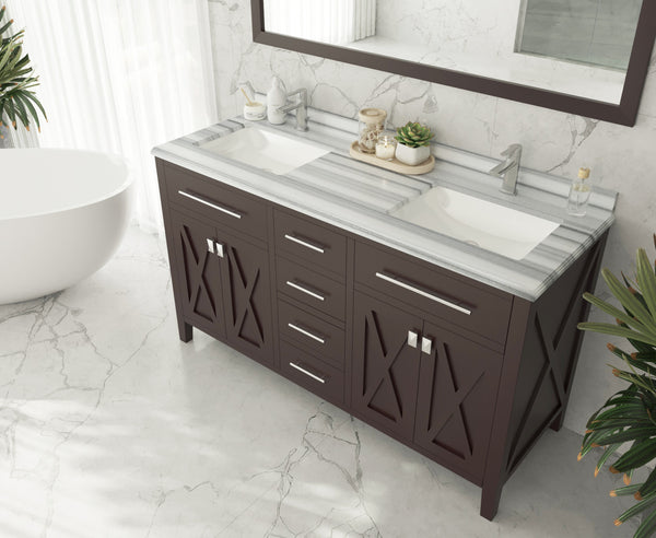 Wimbledon 60 Brown Double Sink Bathroom Vanity with White Stripes Marble Countertop
