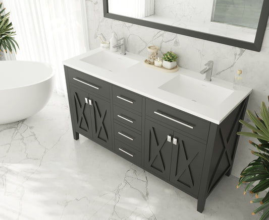 Wimbledon 60" Espresso Double Sink Bathroom Vanity with Matte White VIVA Stone Solid Surface Countertop