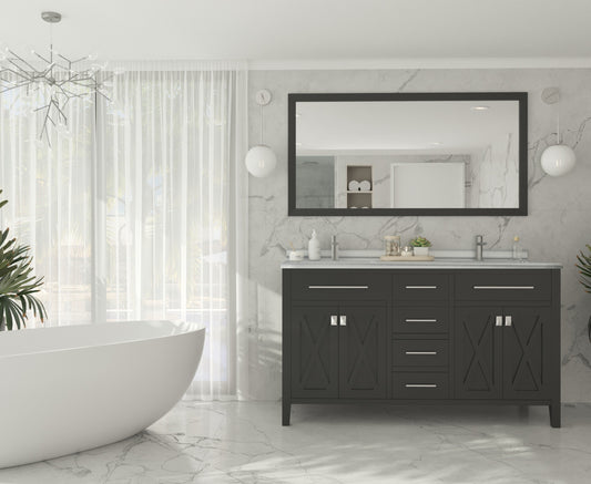Wimbledon 60" Espresso Double Sink Bathroom Vanity with White Stripes Marble Countertop
