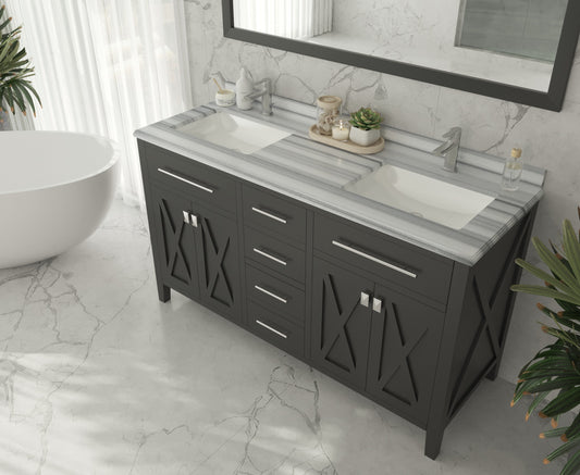 Wimbledon 60" Espresso Double Sink Bathroom Vanity with White Stripes Marble Countertop