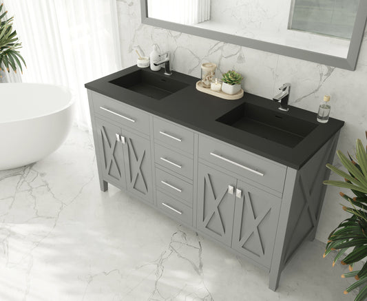 Wimbledon 60" Grey Double Sink Bathroom Vanity with Matte Black VIVA Stone Solid Surface Countertop
