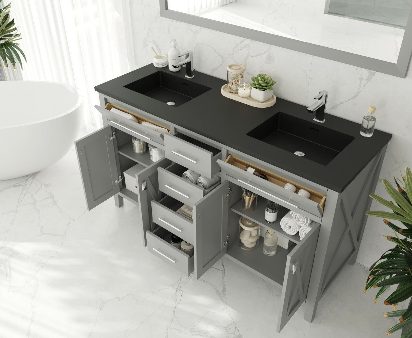 Wimbledon 60" Grey Double Sink Bathroom Vanity with Matte Black VIVA Stone Solid Surface Countertop