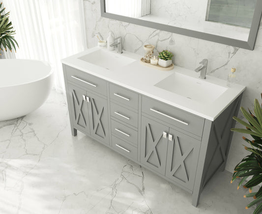 Wimbledon 60" Grey Double Sink Bathroom Vanity with Matte White VIVA Stone Solid Surface Countertop