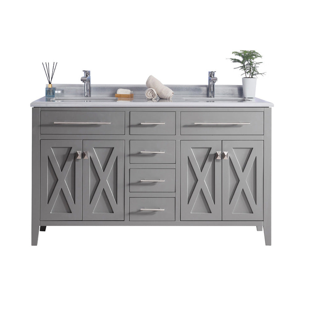 Wimbledon 60" Grey Double Sink Bathroom Vanity with White Stripes Marble Countertop