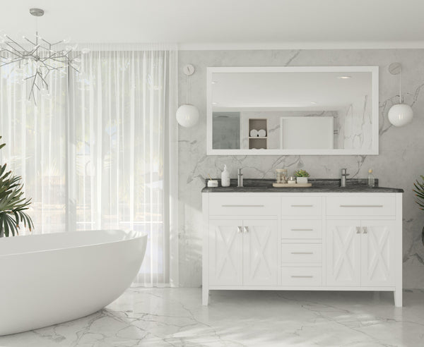 Wimbledon 60 White Double Sink Bathroom Vanity with Black Wood Marble Countertop