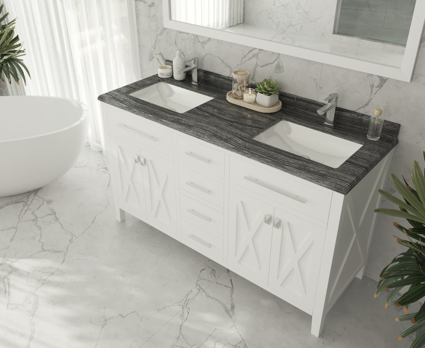 Wimbledon 60" White Double Sink Bathroom Vanity with Black Wood Marble Countertop