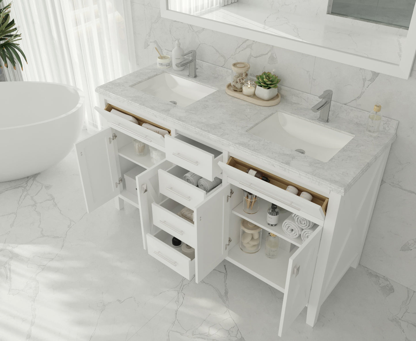 Wimbledon 60" White Double Sink Bathroom Vanity with White Carrara Marble Countertop