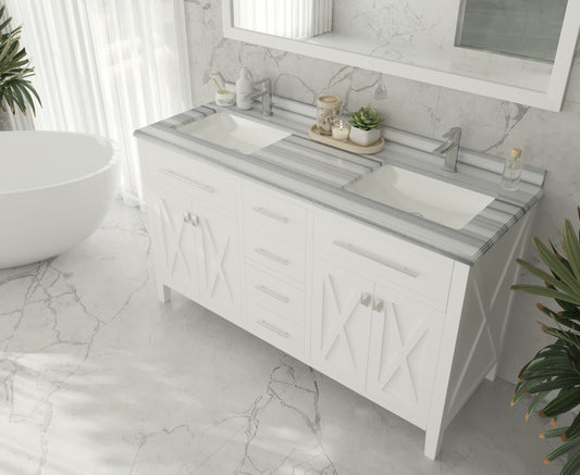 Wimbledon 60" White Double Sink Bathroom Vanity with White Stripes Marble Countertop