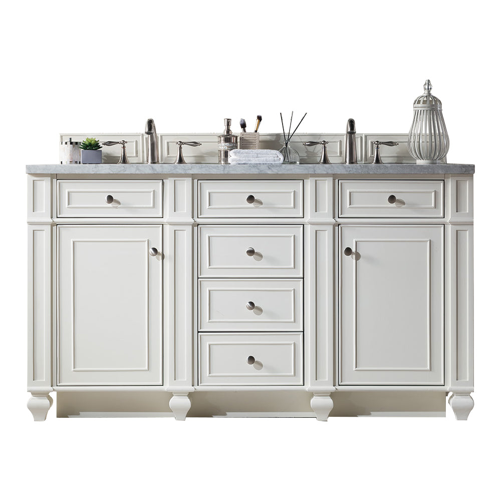 Bristol 60" Double Vanity, Bright White w/ 3 CM Carrara Marble Top