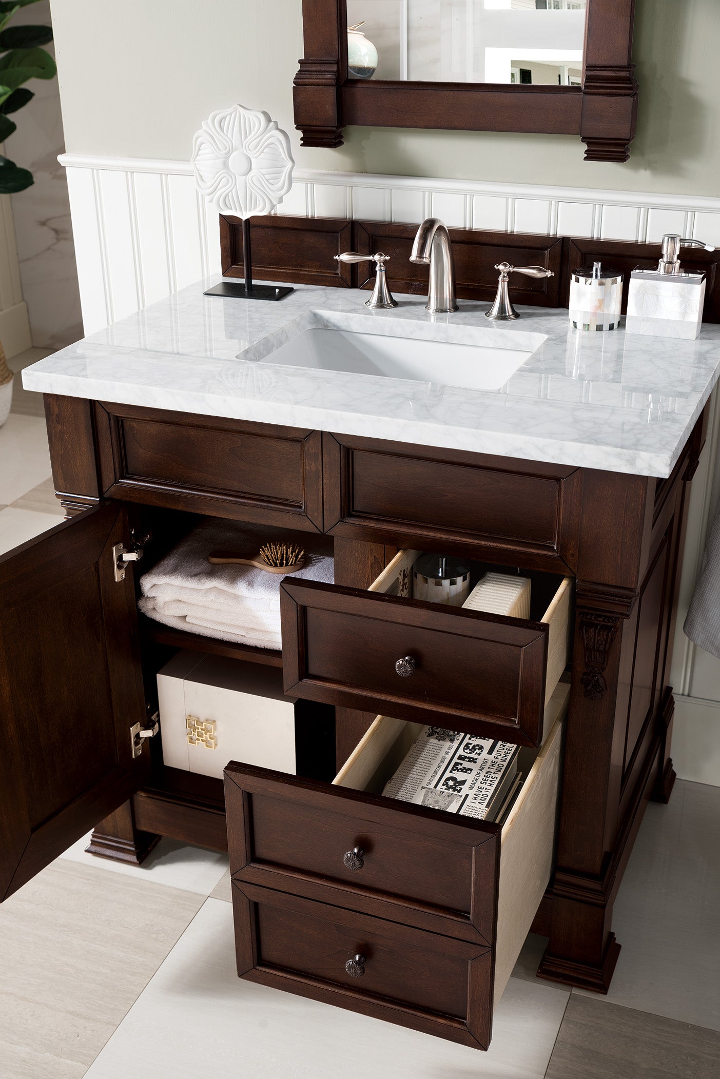 Brookfield 36" Single Vanity, Burnished Mahogany w/ 3 CM Carrara Marble Top