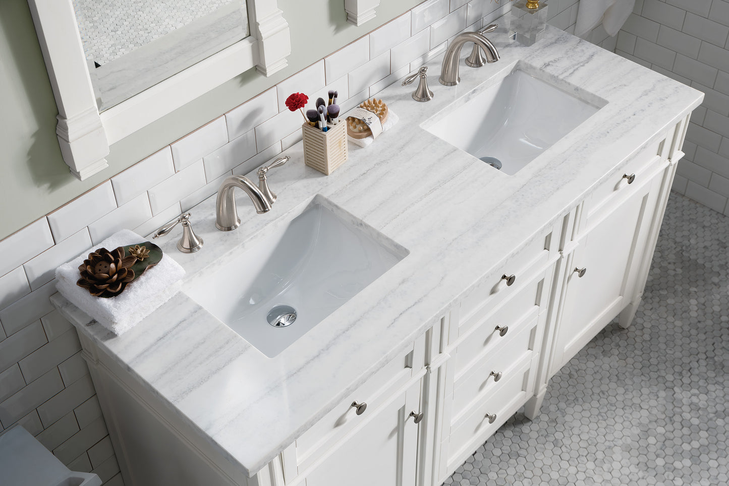 Brittany 60" Double Vanity, Bright White Vanity w/ 3 CM Arctic Fall Solid Surface Top