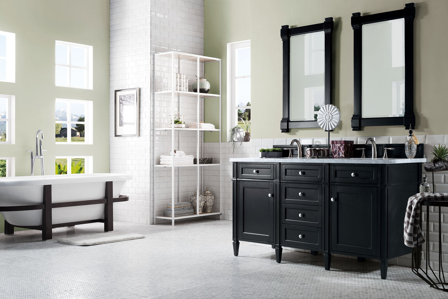 Brittany 60" Double Vanity, Black Onyx w/ 3 CM Carrara Marble Top