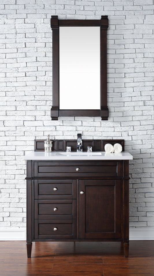 Brittany 36" Single Vanity, Burnished Mahogany w/ 3 CM White Zeus Quartz Top