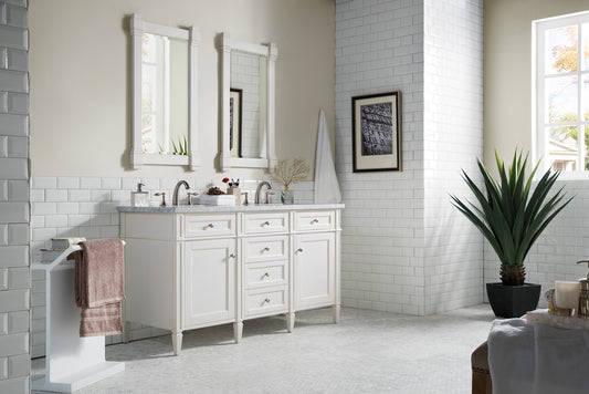 Brittany 60" Double Vanity, Bright White Vanity w/ 3 CM Carrara Marble Top