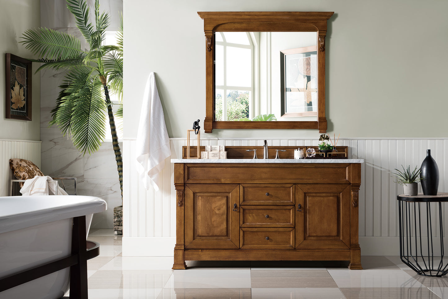 Brookfield 60" Single Vanity, Country Oak w/ 3 CM Carrara Marble Top