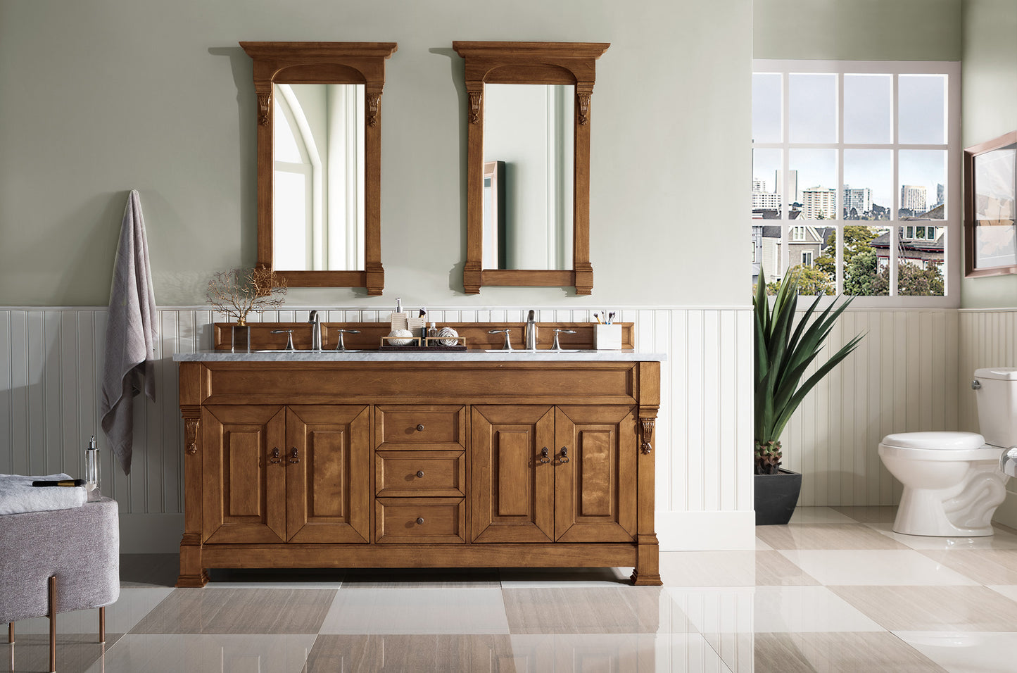 Brookfield 72" Double Vanity, Country Oak w/ 3 CM Carrara Marble Top