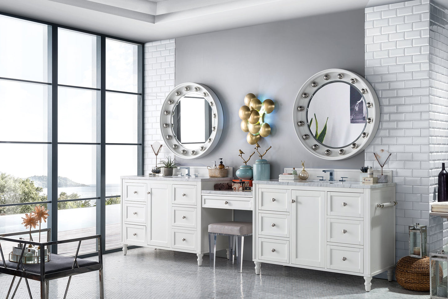 Copper Cove Encore 122" Double Vanity Set, Bright White w/ 3 CM Carrara Marble Top