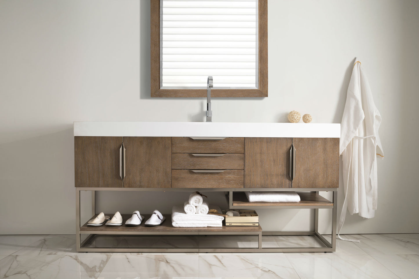 Columbia 72" Single Vanity, Latte Oak w/ Glossy White Composite Stone Top