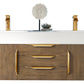 Mercer Island 59" Double Vanity, Latte Oak, Radiant Gold w/ Glossy White Composite Stone Top