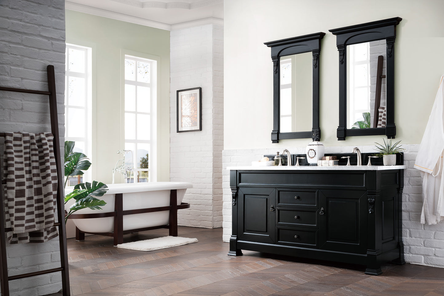 Brookfield 60" Double Vanity, Antique Black w/ 3 CM Carrara Marble Top