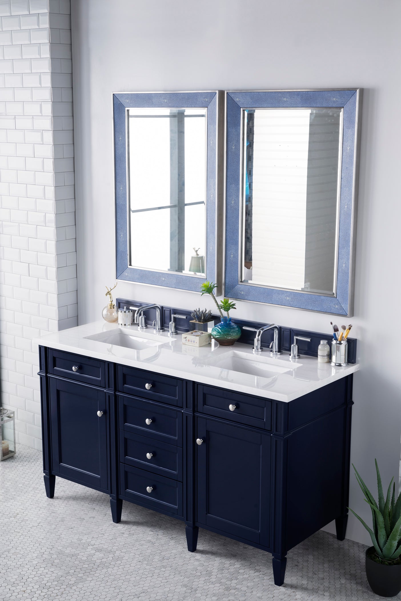 Brittany 60" Double Vanity, Victory Blue w/ 3 CM Arctic Fall Solid Surface Top