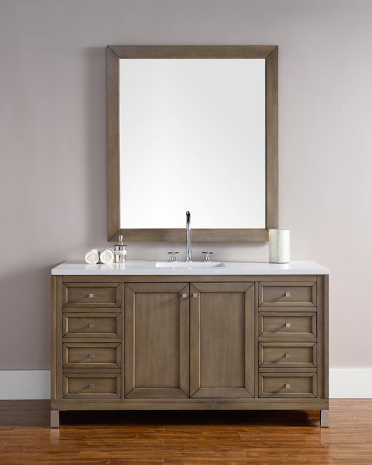 Chicago 60" Single Vanity, Whitewashed Walnut w/ 3 CM White Zeus Quartz Top